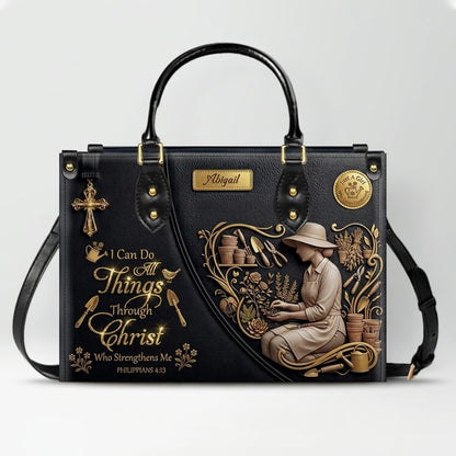 CHRISTIANARTBAG Personalized Leather Handbag - Custom Name Greige Crossbody Bag, Christian Gift for Women, Philippians 4:13 Gardening Tote CAB0171926