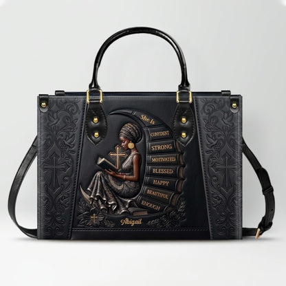 Personalized Leather Handbag for Christian Women - Custom Name, Skin Tone & Color "She Is" Affirmation Tote Bag | CHRISTIANARTBAG 01080326