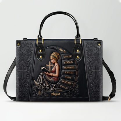 Personalized Leather Handbag for Christian Women - Custom Name, Skin Tone & Color "She Is" Affirmation Tote Bag | CHRISTIANARTBAG 01080326