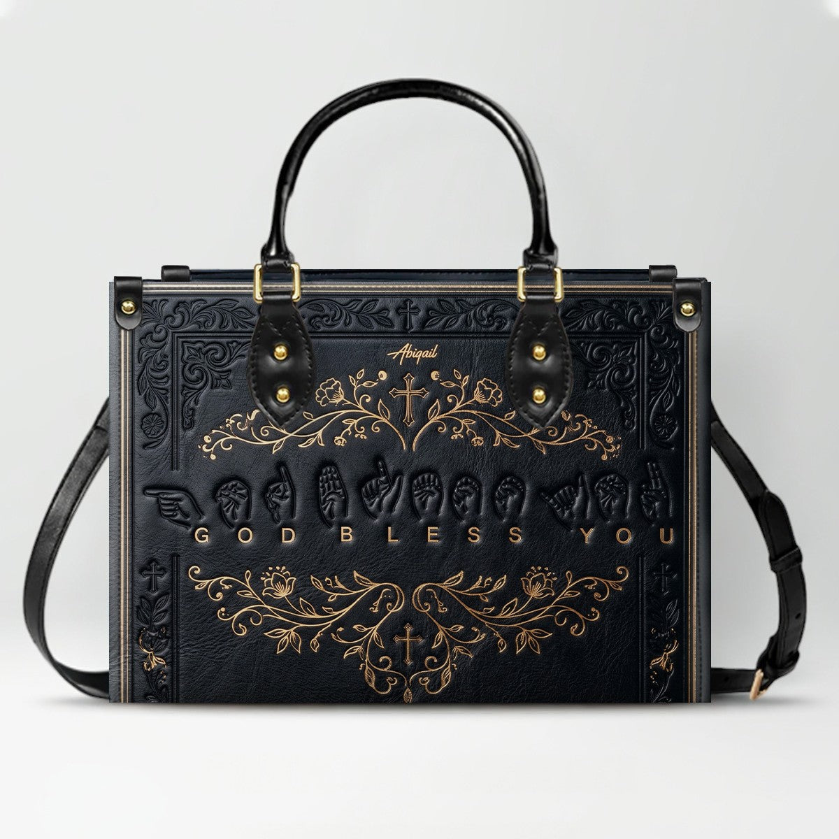 Personalized Christian ASL God Bless You Leather Handbag - Custom Name Christian Leather Tote Bag - CHRISTIANARTBAG CAB01101426