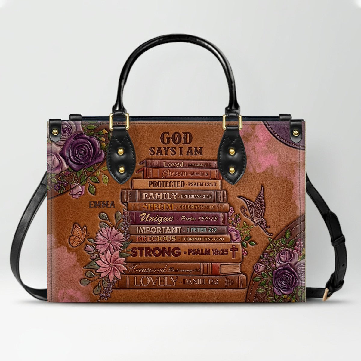 CHRISTIANARTBAG Personalized God Says I Am Leather Handbag - Custom Name Christian Bible Verse Stacked Books Tote Bag CAB01072226