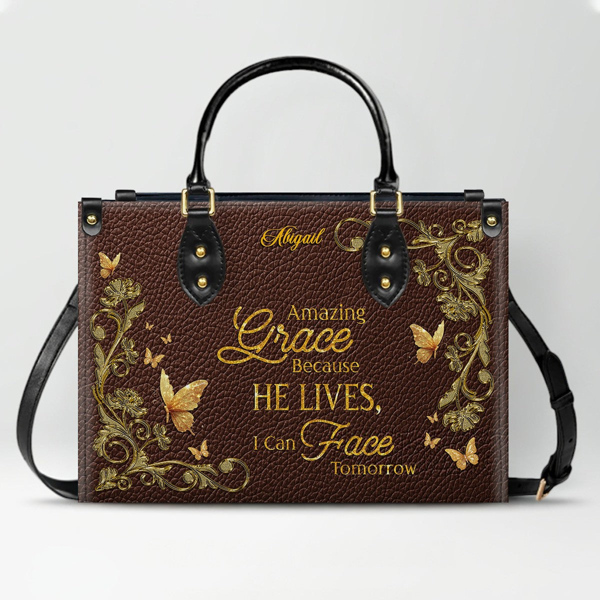 Personalized Christian Leather Handbag – Amazing Grace Because He Lives Tote, Custom Name Faith Gift for Women, Luxury Gold Foil Purse – CHRISTIANARTBAG