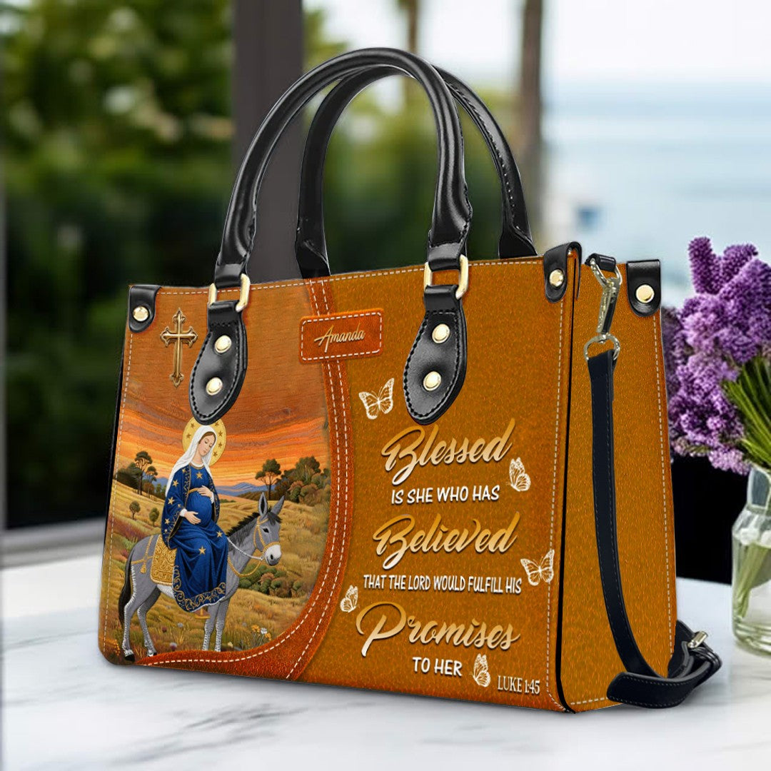 Personalized Leather Handbag for Women - Blessed Mother Art - Saffron Brown Tote by CHRISTIANARTBAG CAB01122325