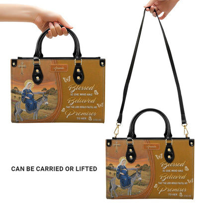 Personalized Leather Handbag for Women - Blessed Mother Art - Saffron Brown Tote by CHRISTIANARTBAG CAB01122325