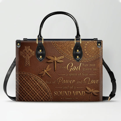 Personalized Leather Handbag | Custom Cross & Dragonfly Design - Gold Line Art - Religious Gift for Women - 2 Timothy 1:7 Scripture | CHRISTIANARTBAG CAB0171526
