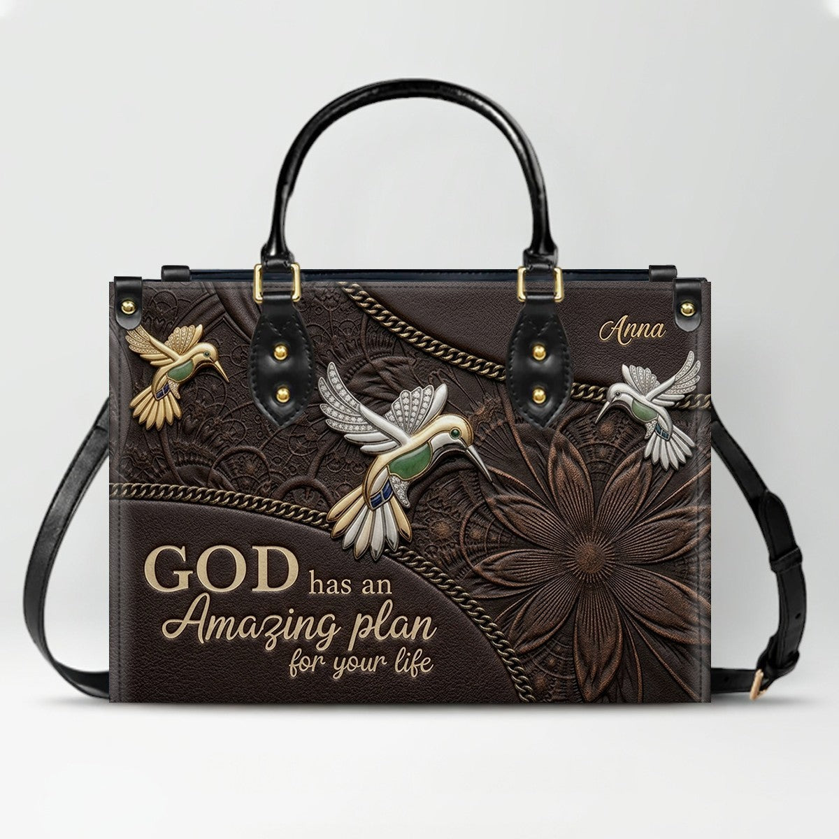 CHRISTIANARTBAG Personalized Leather Handbag - God Has An Amazing Plan For Your Life Hummingbird Floral Bag CAB01100326