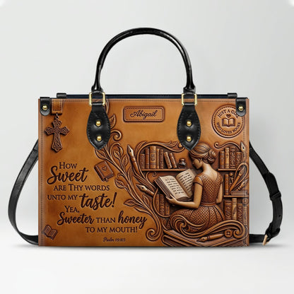 Personalized Bible Verse Leather Handbag | Scripture Psalm 119:103 Book Lover Gift | Just A Girl Who Loves Books Tote | CHRISTIANARTBAG 01072026