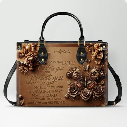 CHRISTIANARTBAG Personalized Leather Handbag, Custom Name & Color, "May The Lord Bless You" Butterfly & Floral Design, Luxury Christian Tote Bag CAB01072226