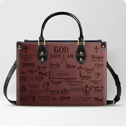 Personalized Christian Leather Handbag - Custom Name God Says I Am Bible Verse Tote Bag | CHRISTIANARTBAG 01072126