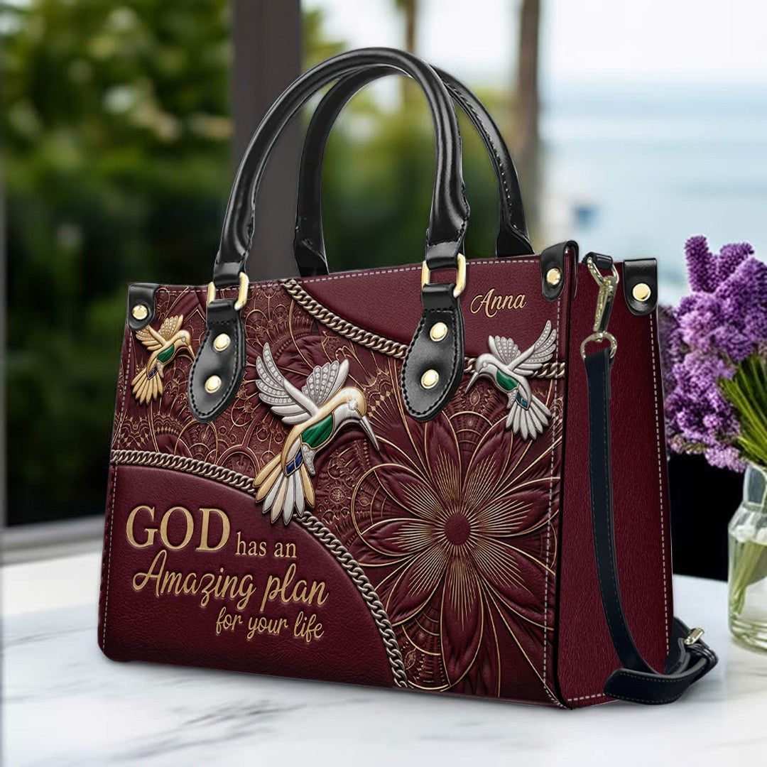 CHRISTIANARTBAG Personalized Leather Handbag - God Has An Amazing Plan For Your Life Hummingbird Floral Bag CAB01100326