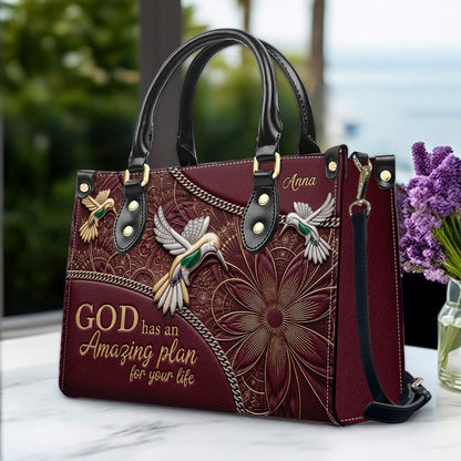 CHRISTIANARTBAG Personalized Leather Handbag - God Has An Amazing Plan For Your Life Hummingbird Floral Bag CAB01100326
