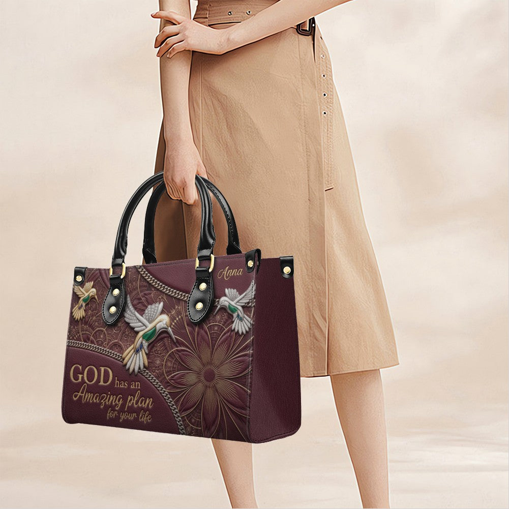 CHRISTIANARTBAG Personalized Leather Handbag - God Has An Amazing Plan For Your Life Hummingbird Floral Bag CAB01100326