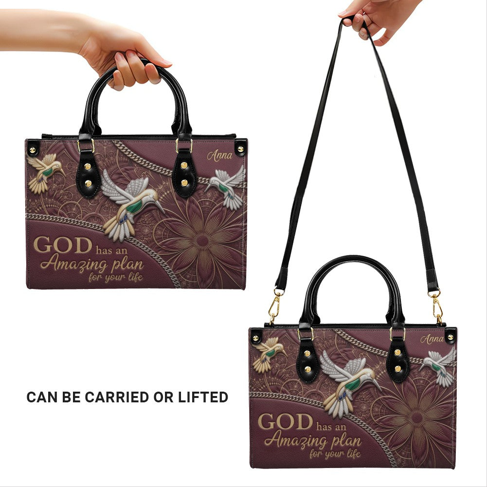 CHRISTIANARTBAG Personalized Leather Handbag - God Has An Amazing Plan For Your Life Hummingbird Floral Bag CAB01100326