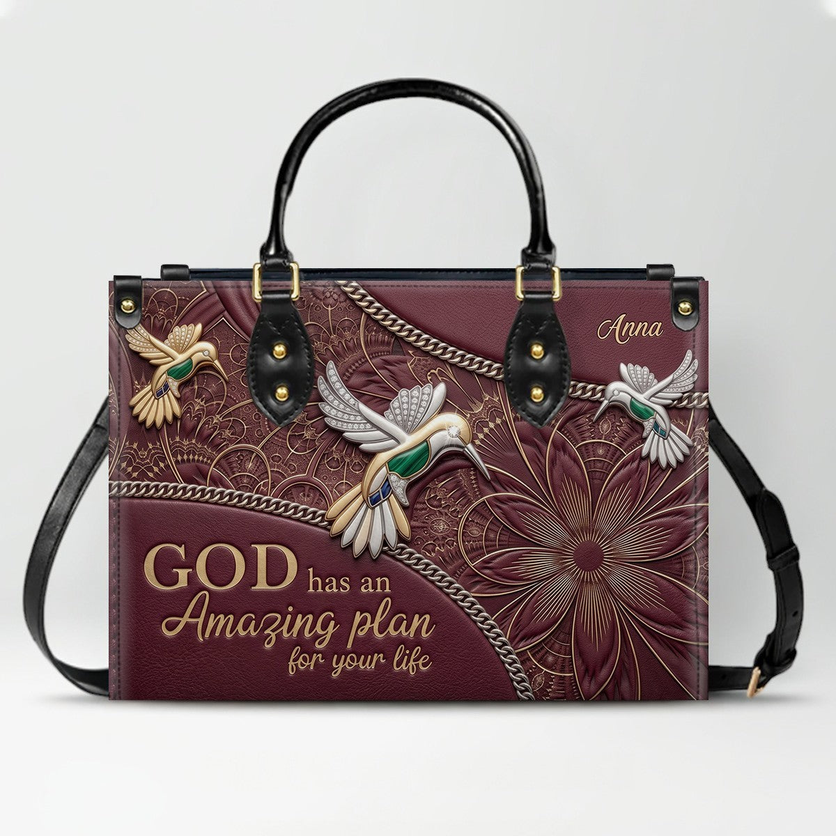 CHRISTIANARTBAG Personalized Leather Handbag - God Has An Amazing Plan For Your Life Hummingbird Floral Bag CAB01100326