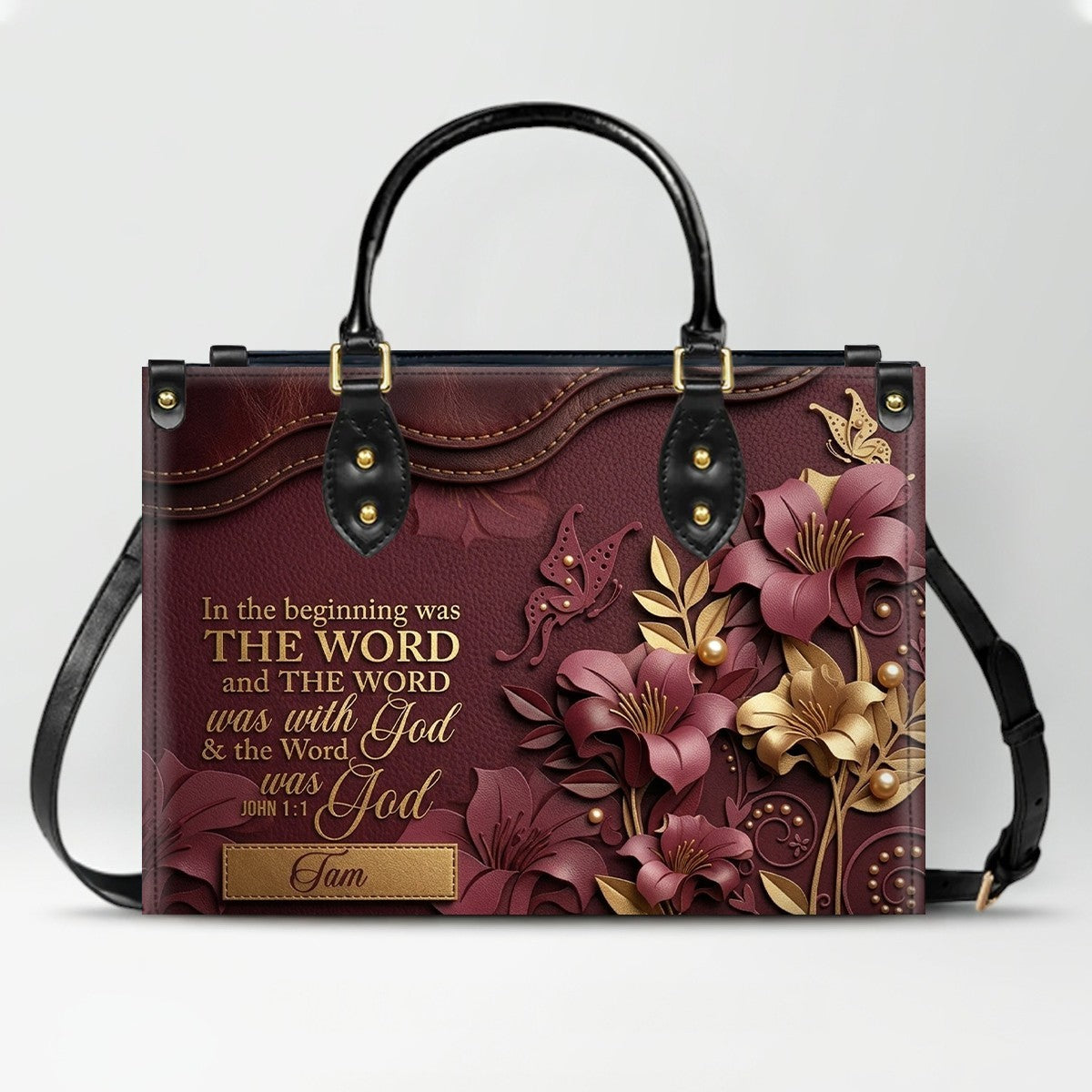Custom Christian Leather Handbag with Name – John 1:1 Scripture Floral Purse | CHRISTIANARTBAG CA01100726