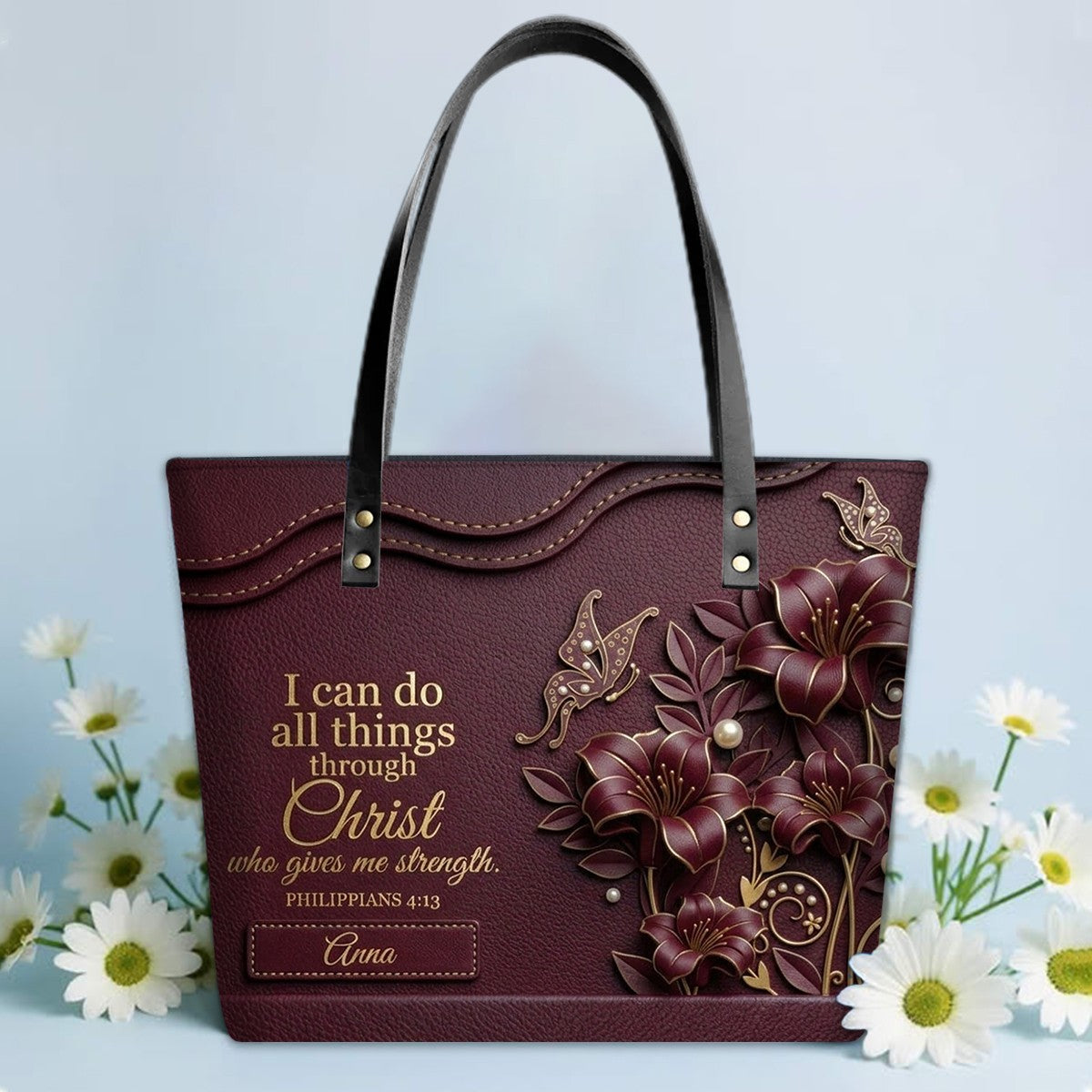 Personalized Christian Leather Tote Bag - 3D Floral Butterfly & Bible Verse Philippians 4:13 | Custom Name & Color - CHRISTIANARTBAG CAB01101326