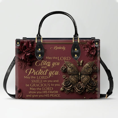 CHRISTIANARTBAG Personalized Leather Handbag, Custom Name & Color, "May The Lord Bless You" Butterfly & Floral Design, Luxury Christian Tote Bag CAB01072226