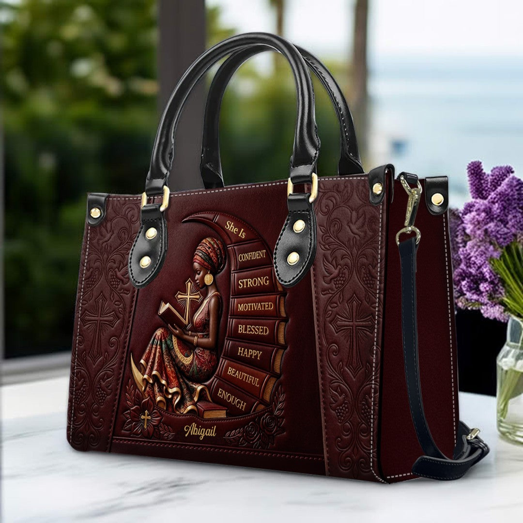 Personalized Leather Handbag for Christian Women - Custom Name, Skin Tone & Color "She Is" Affirmation Tote Bag | CHRISTIANARTBAG 01080326