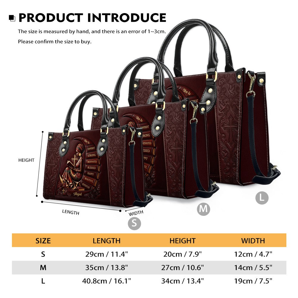 Personalized Leather Handbag for Christian Women - Custom Name, Skin Tone & Color "She Is" Affirmation Tote Bag | CHRISTIANARTBAG 01080326