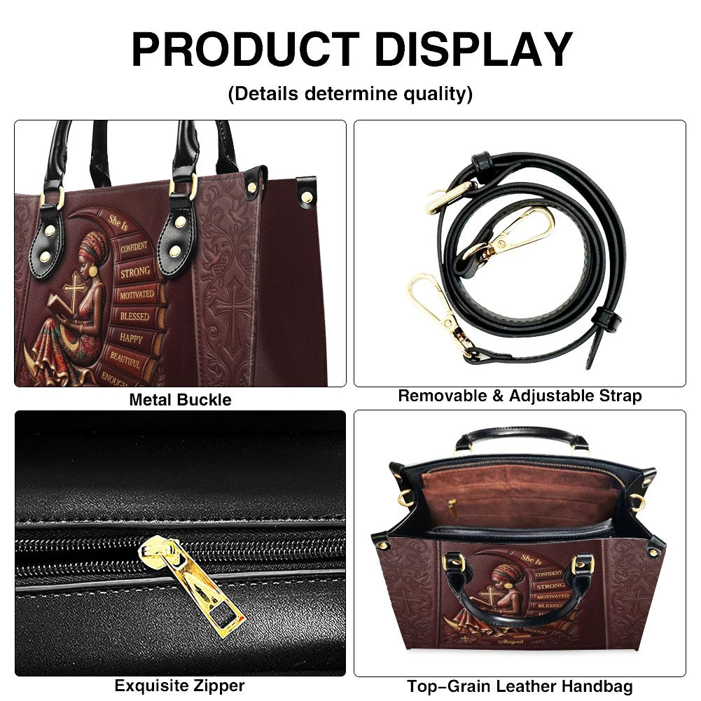 Personalized Leather Handbag for Christian Women - Custom Name, Skin Tone & Color "She Is" Affirmation Tote Bag | CHRISTIANARTBAG 01080326