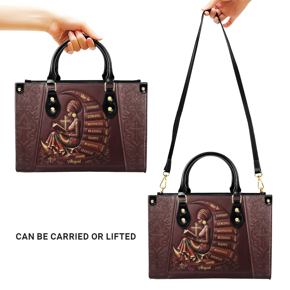 Personalized Leather Handbag for Christian Women - Custom Name, Skin Tone & Color "She Is" Affirmation Tote Bag | CHRISTIANARTBAG 01080326