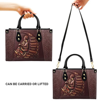 Personalized Leather Handbag for Christian Women - Custom Name, Skin Tone & Color "She Is" Affirmation Tote Bag | CHRISTIANARTBAG 01080326