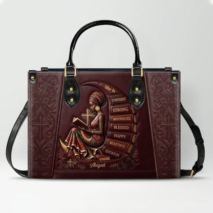 Personalized Leather Handbag for Christian Women - Custom Name, Skin Tone & Color "She Is" Affirmation Tote Bag | CHRISTIANARTBAG 01080326
