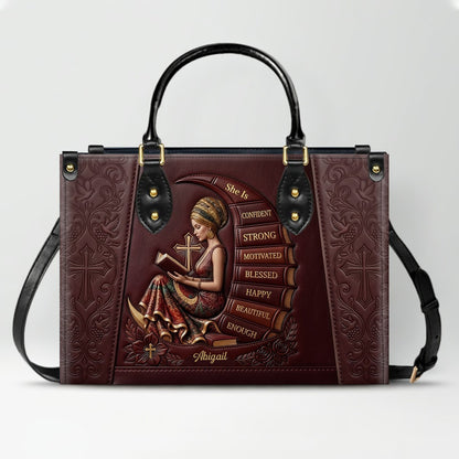 Personalized Leather Handbag for Christian Women - Custom Name, Skin Tone & Color "She Is" Affirmation Tote Bag | CHRISTIANARTBAG 01080326