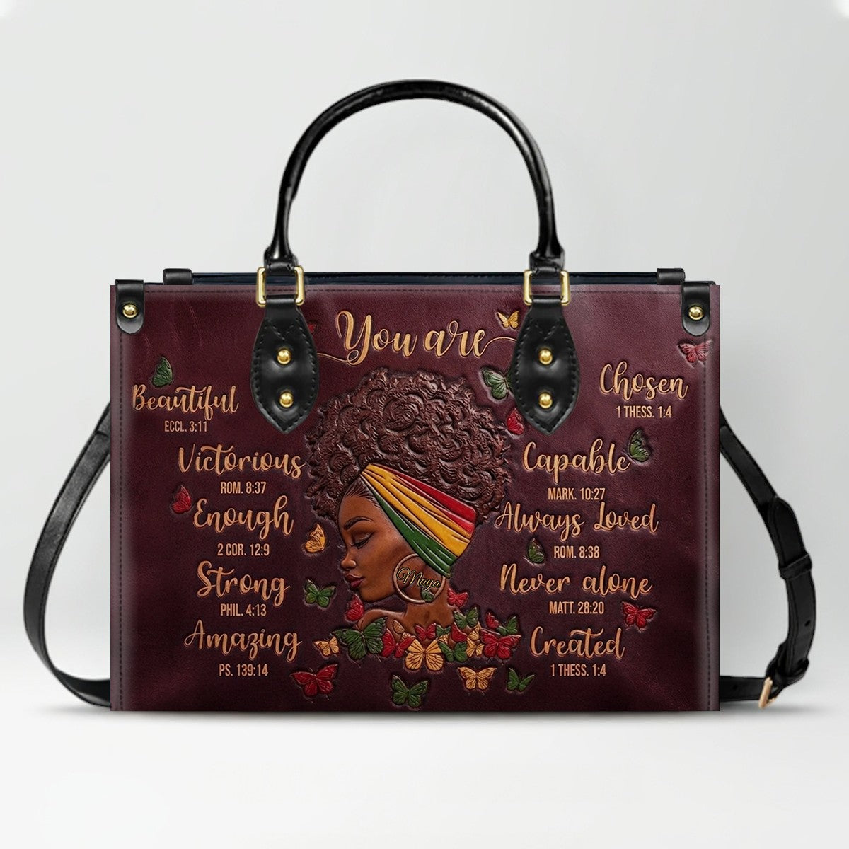 CHRISTIANARTBAG Personalized Leather Handbag - Custom Maya Green | African American Christian Gifts "You Are Beautiful" Bible Verse Shoulder Bag