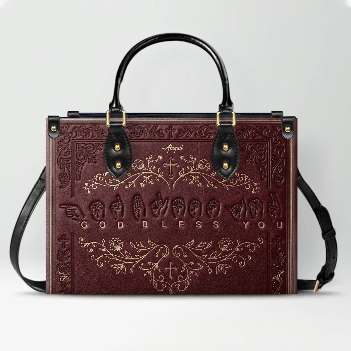 Personalized Christian ASL God Bless You Leather Handbag - Custom Name Christian Leather Tote Bag - CHRISTIANARTBAG CAB01101426