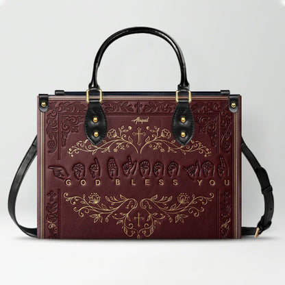 Personalized Christian ASL God Bless You Leather Handbag - Custom Name Christian Leather Tote Bag - CHRISTIANARTBAG CAB01101426