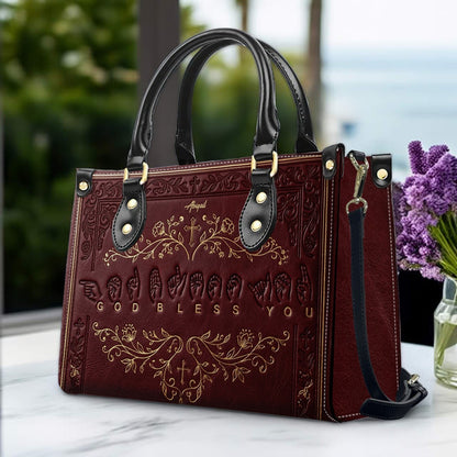 Personalized Christian ASL God Bless You Leather Handbag - Custom Name Christian Leather Tote Bag - CHRISTIANARTBAG CAB01101426