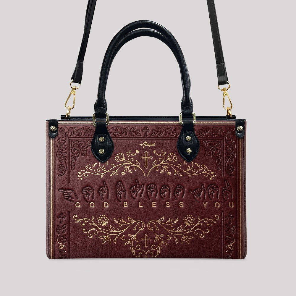 Personalized Christian ASL God Bless You Leather Handbag - Custom Name Christian Leather Tote Bag - CHRISTIANARTBAG CAB01101426