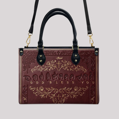 Personalized Christian ASL God Bless You Leather Handbag - Custom Name Christian Leather Tote Bag - CHRISTIANARTBAG CAB01101426