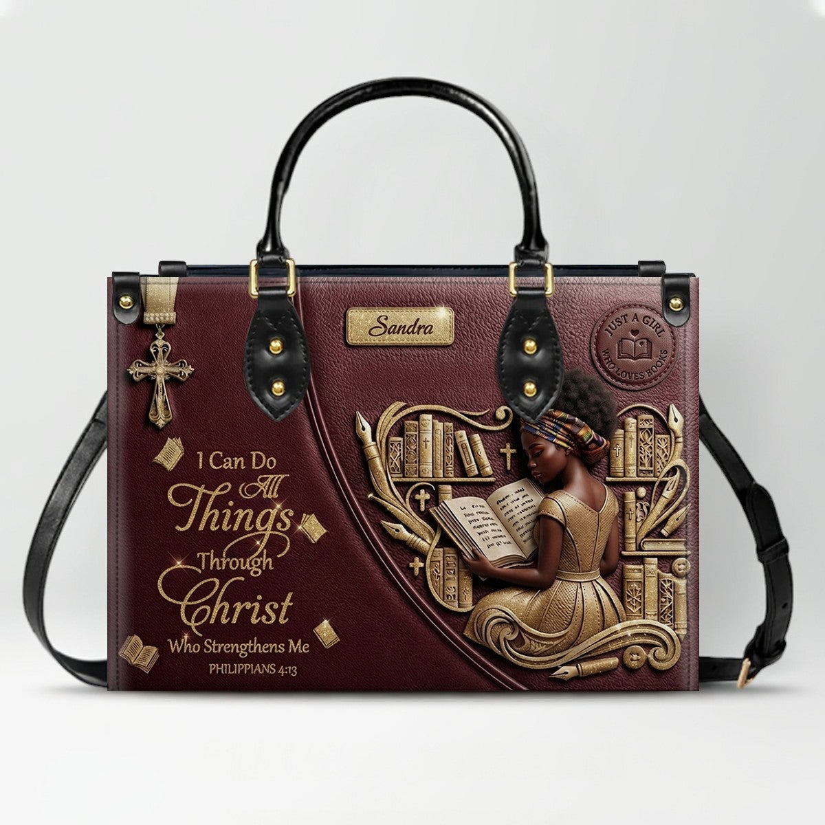 Personalized Leather Handbag | Girl Loves Books - I Can Do All Things Through Christ | CHRISTIANARTBAG CAB0171826