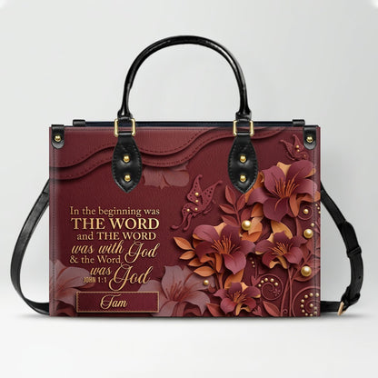 Custom Christian Leather Handbag with Name – John 1:1 Scripture Floral Purse | CHRISTIANARTBAG CA01100726