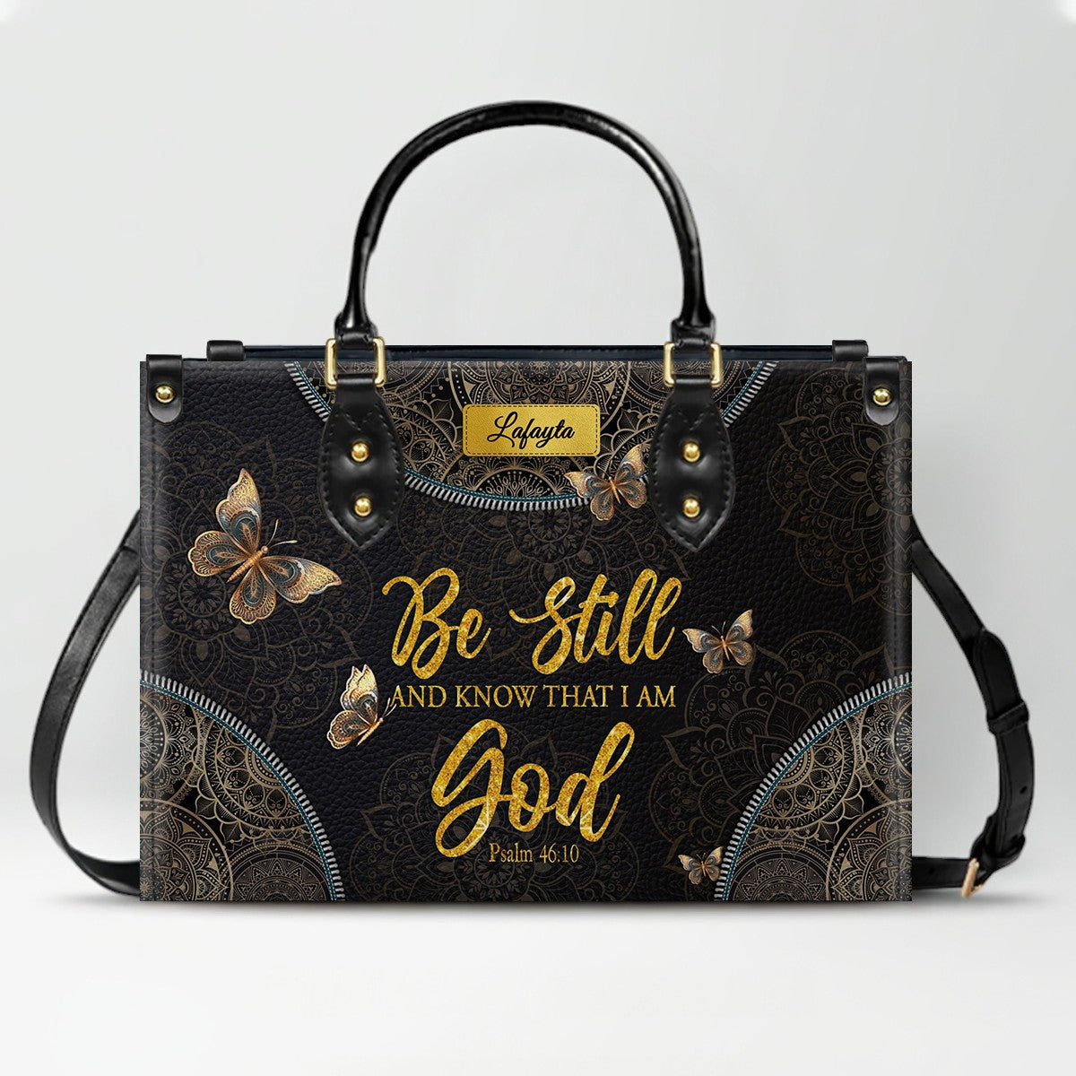 Personalized Leather Handbag for Women - Custom Bible Verse Tote Bag - Christian Gift with Butterfly & Mandala Design - CHRISTIANARTBAG CAB14926