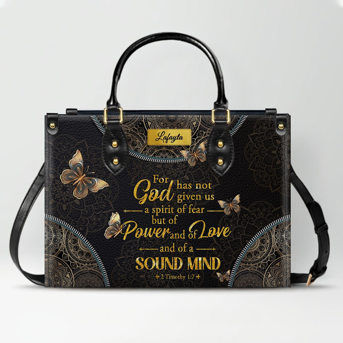 Personalized Leather Handbag for Women - Custom Bible Verse Tote Bag - Christian Gift with Butterfly & Mandala Design - CHRISTIANARTBAG CAB14926