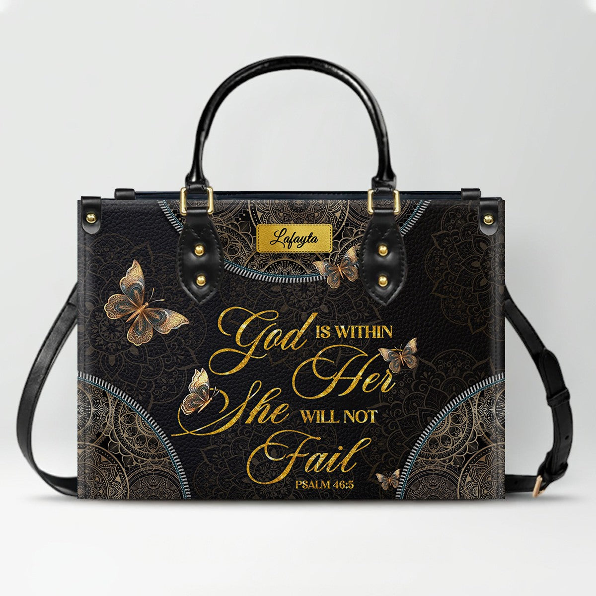 Personalized Leather Handbag for Women - Custom Bible Verse Tote Bag - Christian Gift with Butterfly & Mandala Design - CHRISTIANARTBAG CAB14926