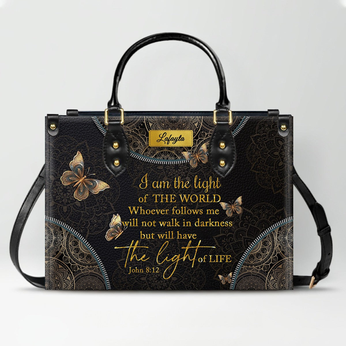 Personalized Leather Handbag for Women - Custom Bible Verse Tote Bag - Christian Gift with Butterfly & Mandala Design - CHRISTIANARTBAG CAB14926
