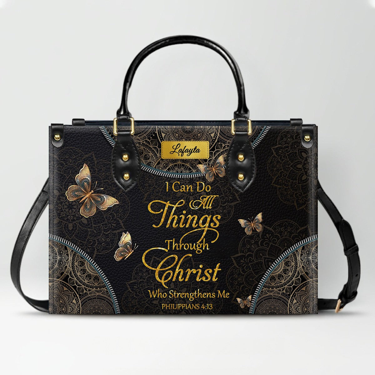 Personalized Leather Handbag for Women - Custom Bible Verse Tote Bag - Christian Gift with Butterfly & Mandala Design - CHRISTIANARTBAG CAB14926