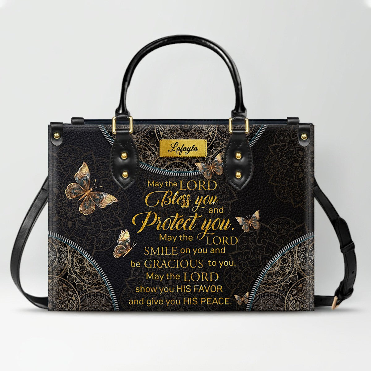 Personalized Leather Handbag for Women - Custom Bible Verse Tote Bag - Christian Gift with Butterfly & Mandala Design - CHRISTIANARTBAG CAB14926