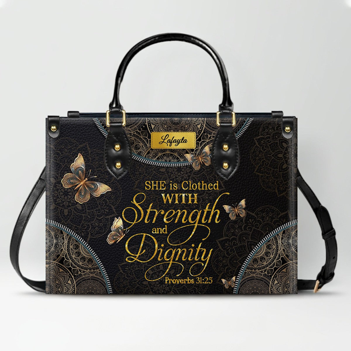 Personalized Leather Handbag for Women - Custom Bible Verse Tote Bag - Christian Gift with Butterfly & Mandala Design - CHRISTIANARTBAG CAB14926