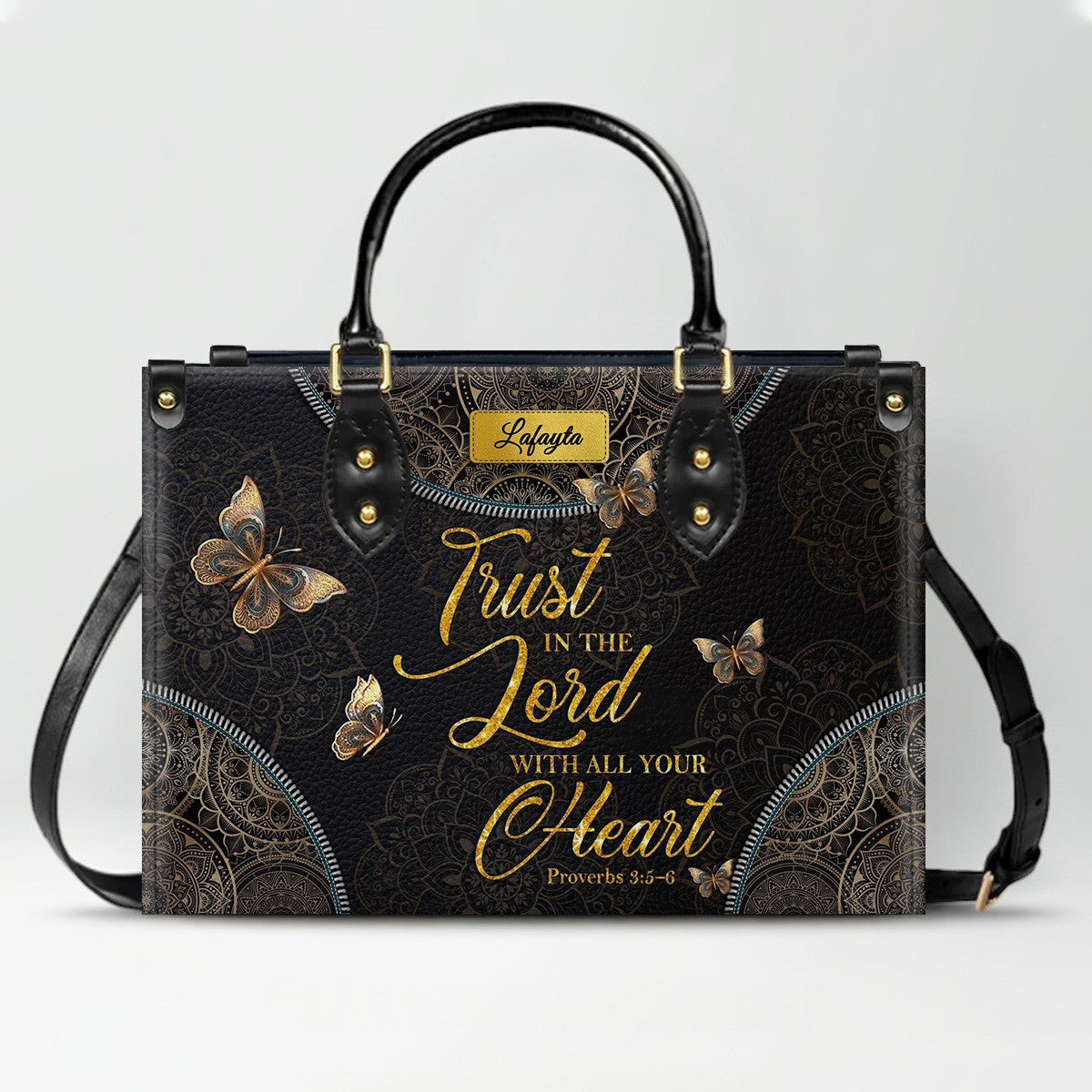 Personalized Leather Handbag for Women - Custom Bible Verse Tote Bag - Christian Gift with Butterfly & Mandala Design - CHRISTIANARTBAG CAB14926