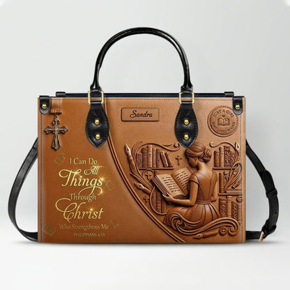 Personalized Leather Handbag | Girl Loves Books - I Can Do All Things Through Christ | CHRISTIANARTBAG CAB0171826