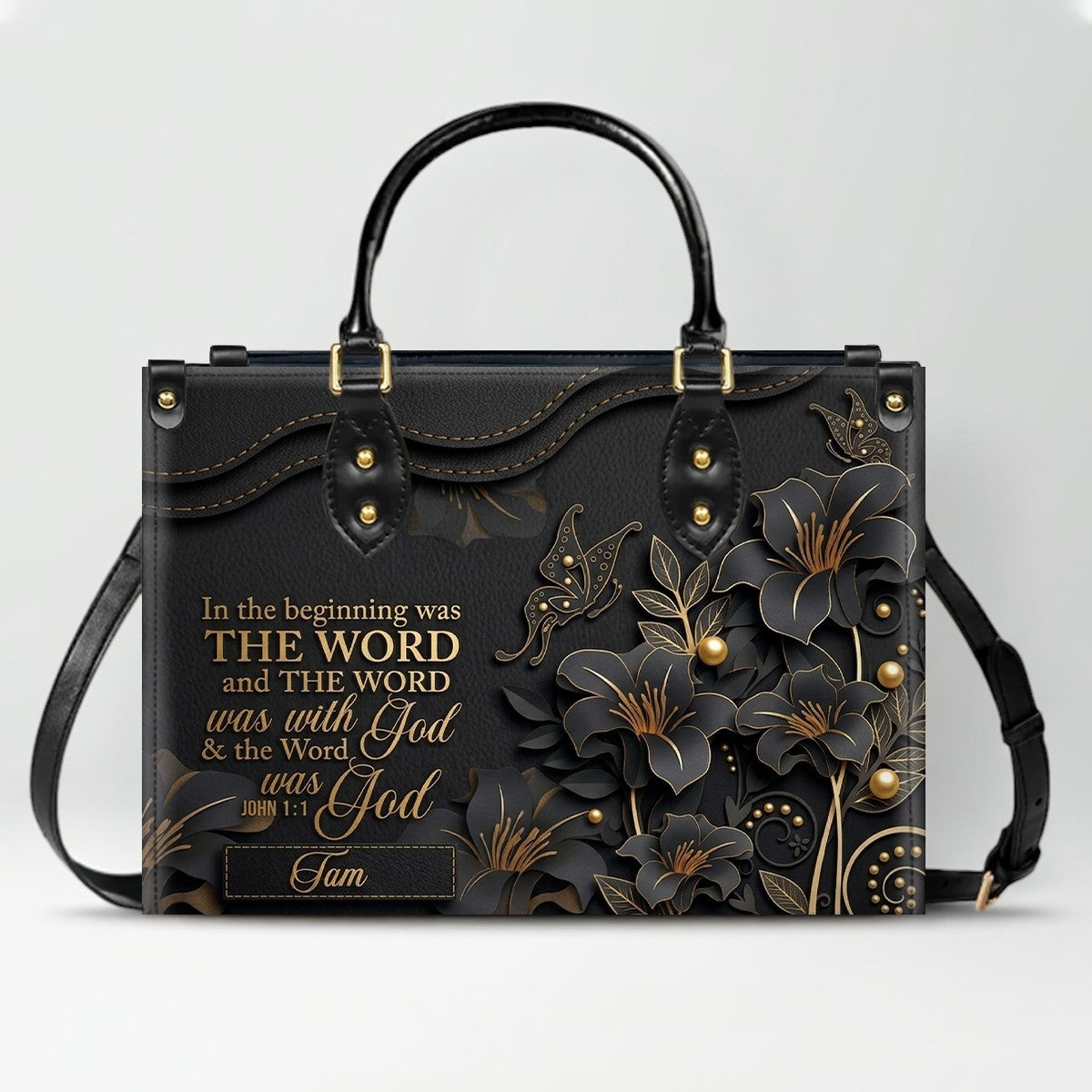 Custom Christian Leather Handbag with Name – John 1:1 Scripture Floral Purse | CHRISTIANARTBAG CA01100726