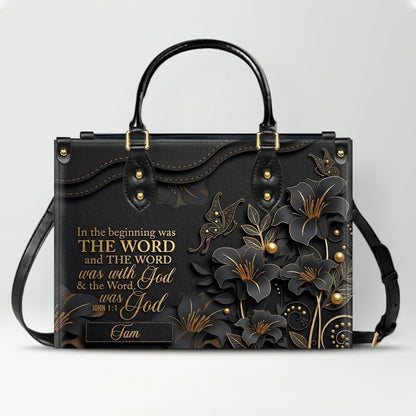 Custom Christian Leather Handbag with Name – John 1:1 Scripture Floral Purse | CHRISTIANARTBAG CA01100726