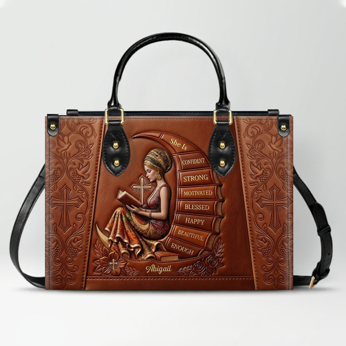 Personalized Leather Handbag for Christian Women - Custom Name, Skin Tone & Color "She Is" Affirmation Tote Bag | CHRISTIANARTBAG 01080326