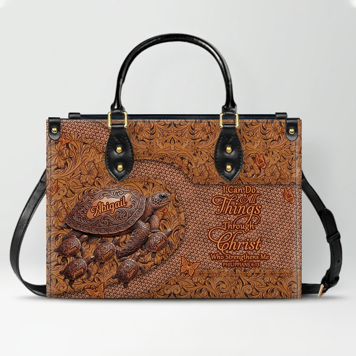 CHRISTIANARTBAG | Personalized Leather Handbag with Custom Names & Bible Verse - Western Tooled Turtle Design CAB0141626