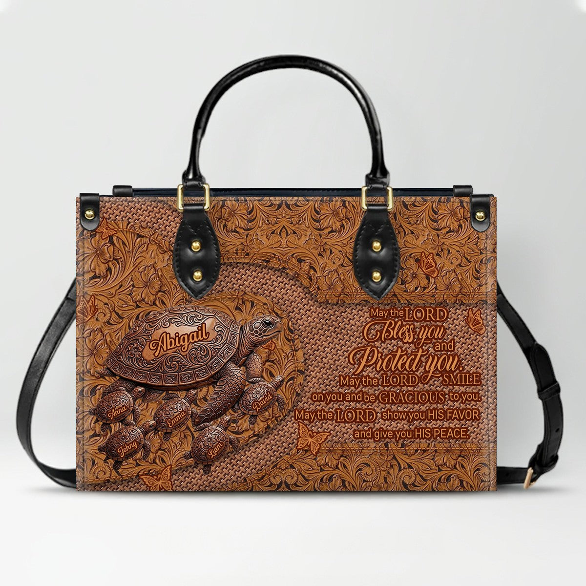 CHRISTIANARTBAG | Personalized Leather Handbag with Custom Names & Bible Verse - Western Tooled Turtle Design CAB0141626